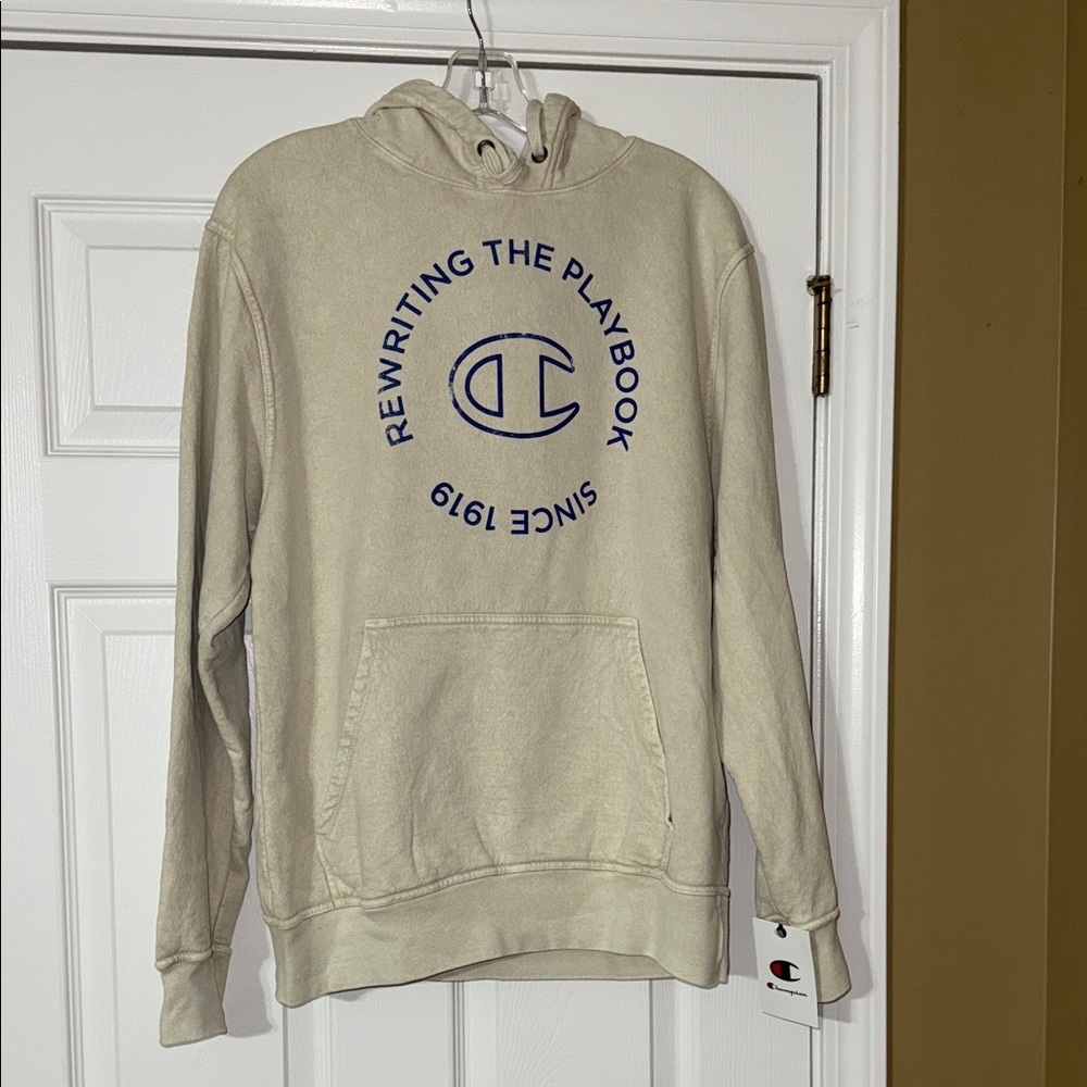 Champion Beige Hoodie with Blue Logo